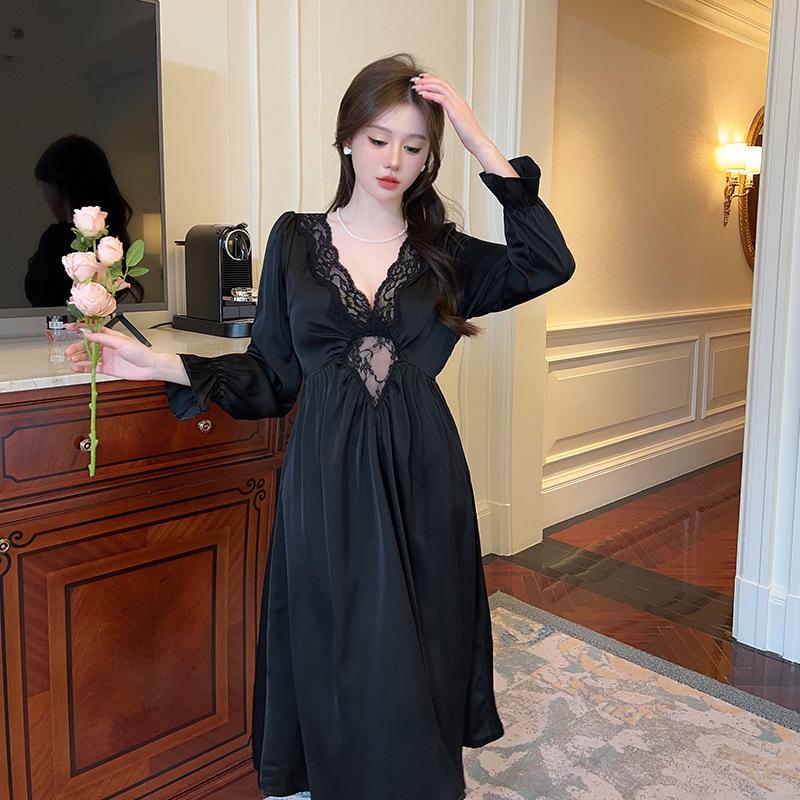 

Весенняя ночная рубашка Грейс бордового цвета, женская кружевная ночная рубашка с V-образным вырезом, атласная домашняя рубашка, длинная пижама, домашняя одежда XXL чёрный