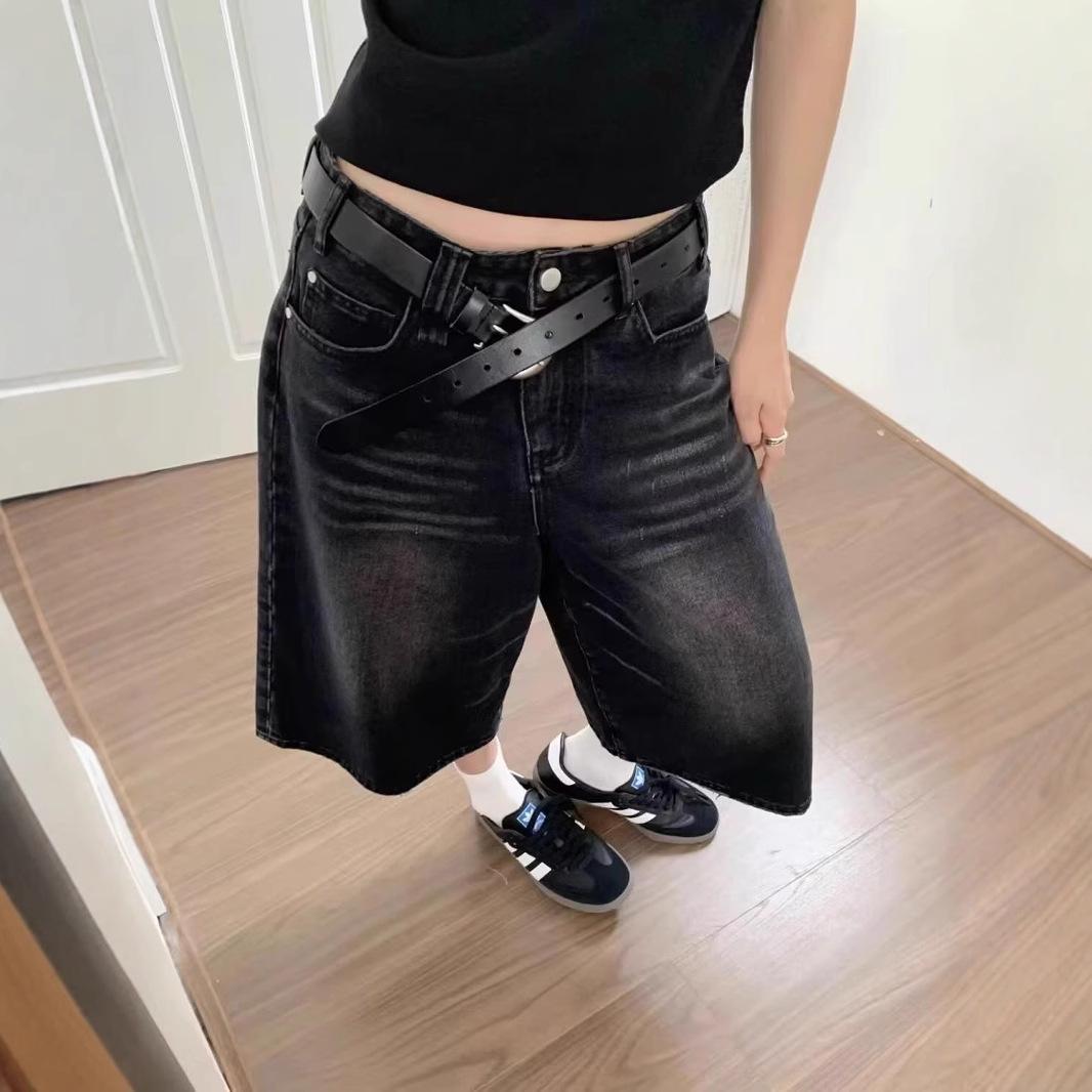 

Unisex Summer Black Denim Capri Pants: Retro Fashion, Loose Fit, Plus Size, Straight Leg XL