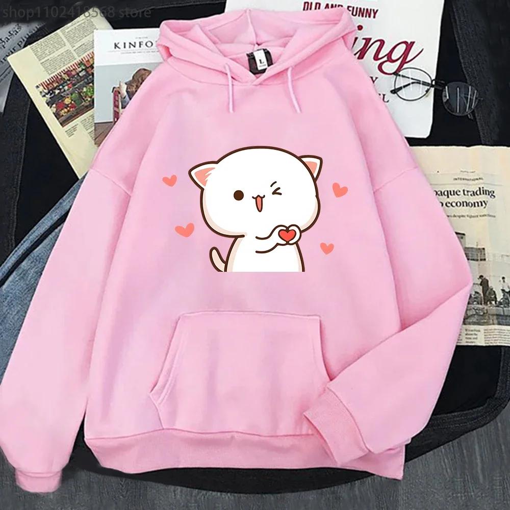 Women Hoodies Kawaii Peach Cat Cartoon Print Sweatshirt Mochi Heart Love Winter Cartoon Sudadera Clothing