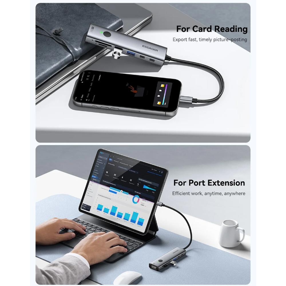 Essager 7 in 1 Typ C auf USB 3.0 Hub Erweiterungs-Dock-Adapter Typ C auf 4K@30Hz HDMI PD100W Lade-Dockingstation unterstützt SD/TF lesen