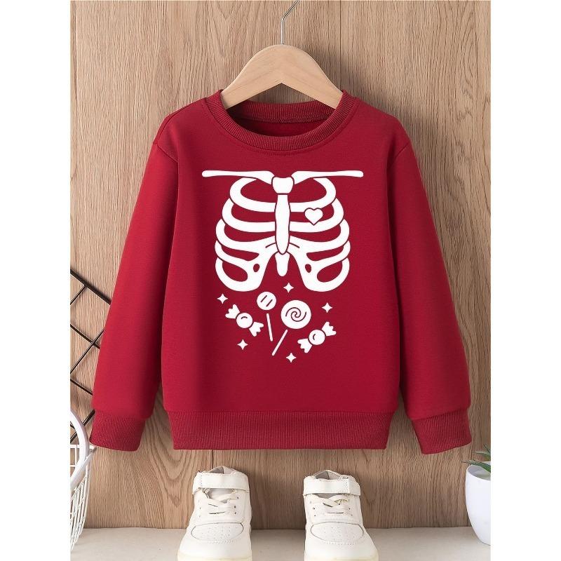 European sizes Halloween Boys Casual Skeleton Ribcage Candy Print Crewneck Sweatshirt Long Sleeve Pullover Graphic Top Kids Birthday Party