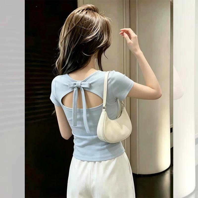 Design Bow Back Hollow Front Shoulder Short Sleeve T-Shirt Women's Summer Unique Beautiful Top