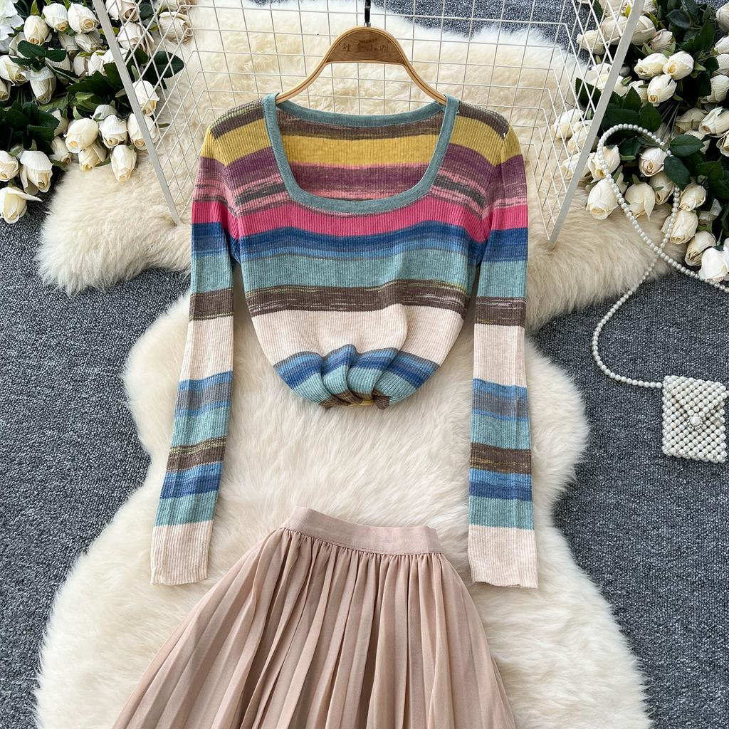 Spring Autumn Women Vintage Rainbow Striped Knitted Sweater Pullover Tops and Long Midi Pleated Skirt Two Piece Set