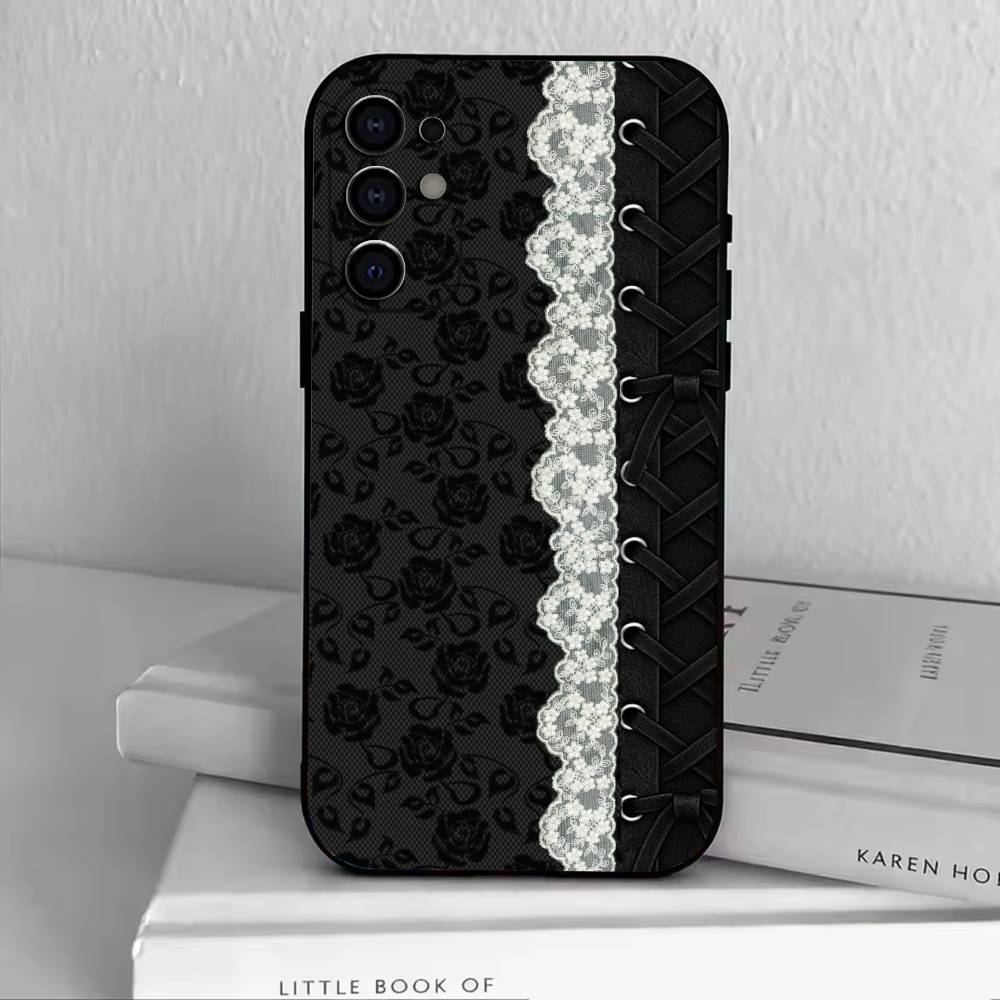 Elegant Black Lace Print Design Phone Case For Samsung S25,S24,S21,S22,S23,S30,Ultra,S20,Plus,Fe,Lite,Note,10,Black Cover