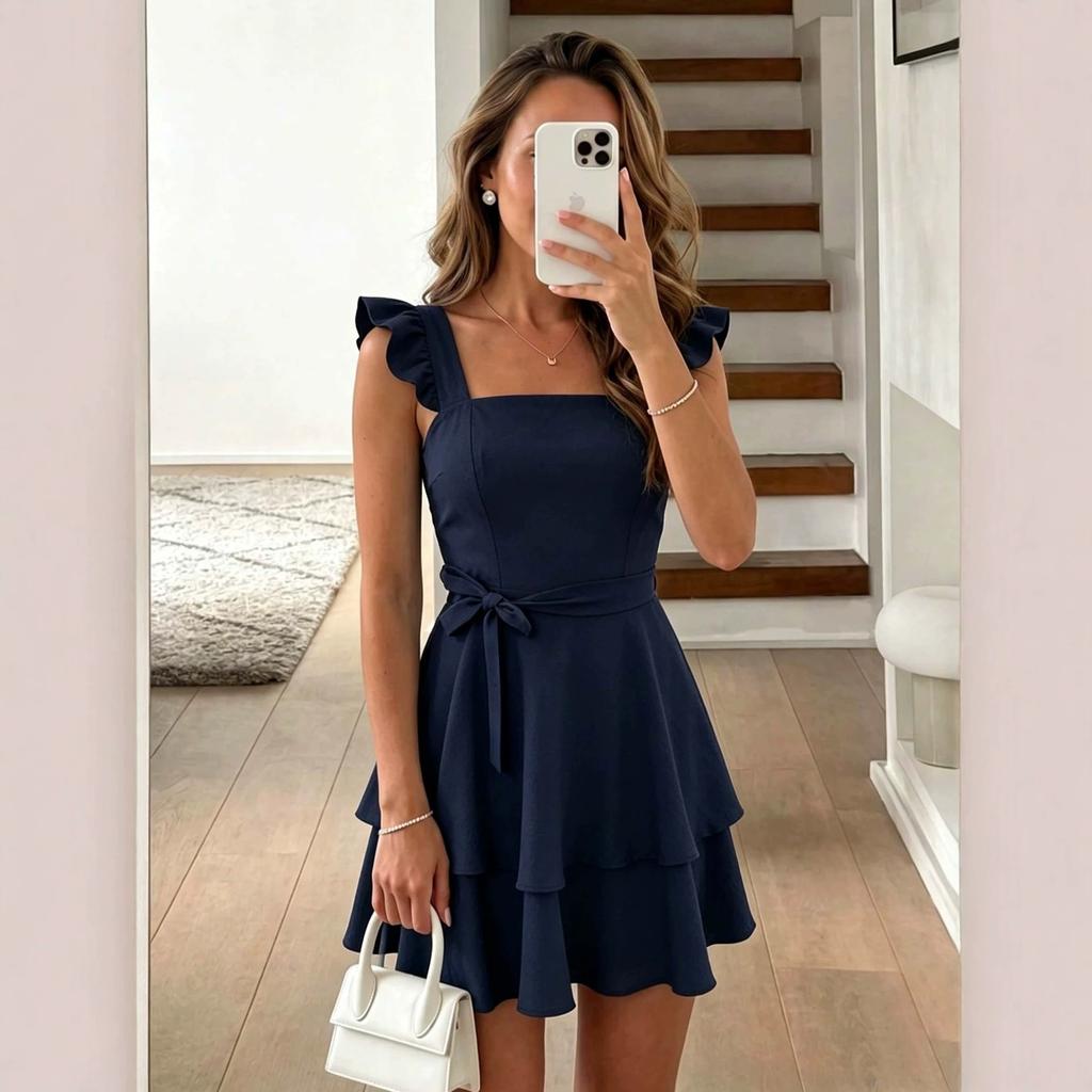 Square-neck, Ruffled Small Fly-sleeve Dress, Waist-cinching Tie, Double-layer Cake Dress, Backless Slim A-line Short Skirt