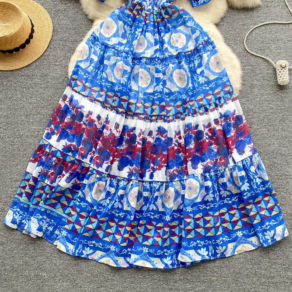 Berufskleid für Damen, quadratischer Kragen, Puffärmel, bedruckt, Chiffon-Kleider, A-Linie, Falten, Stretch, Vestidos Mujer, Sommer, Dropship