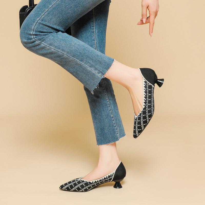 Spring and Summer New Flying Woven Shoes Single Shoes Women's Shallow Mouth High Heels Pointed Breathable Single Shoes Leopard Print
