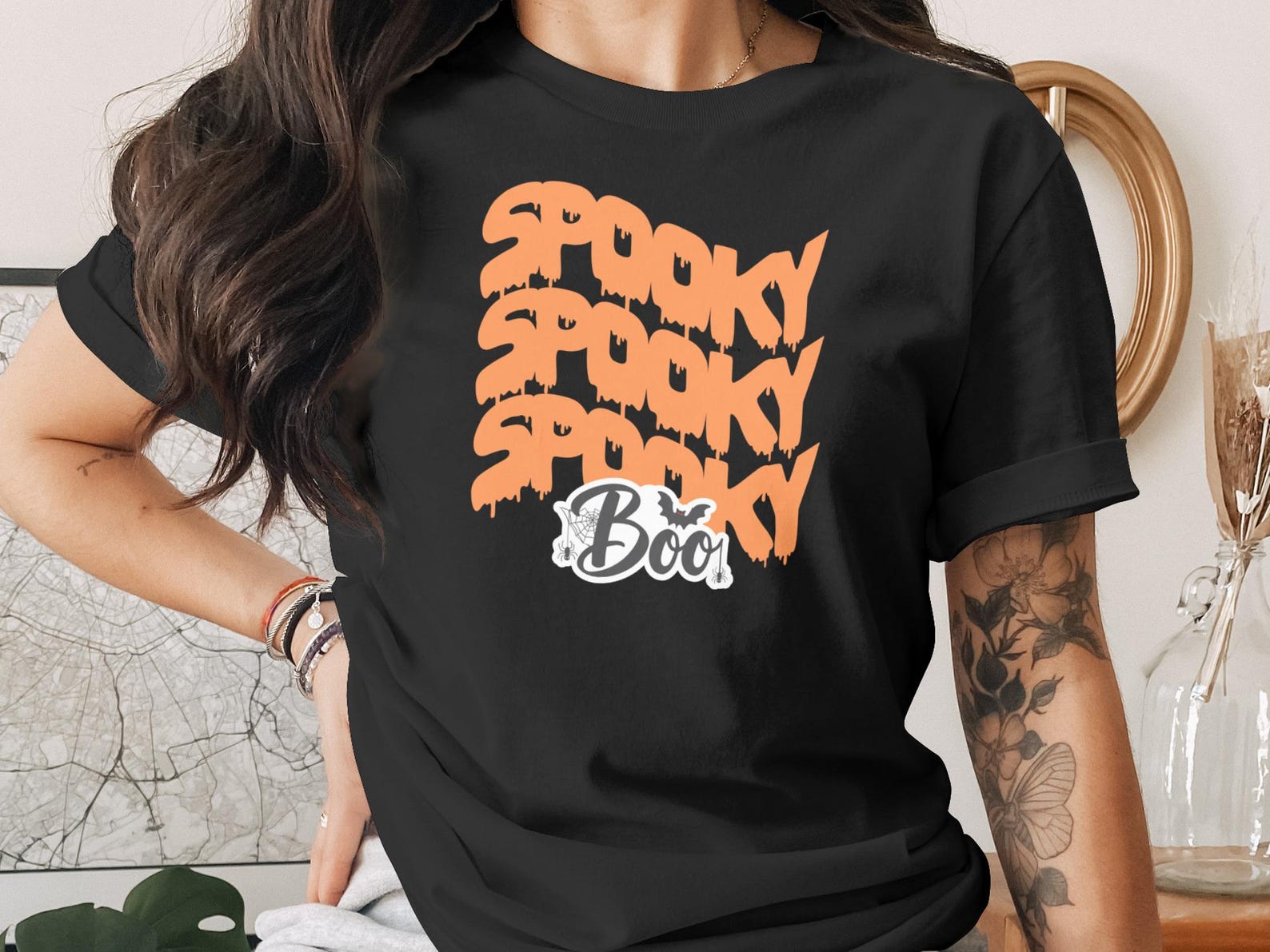 Spooky Boo Halloween T-Shirt, Dripping Orange Spooky Season Tee, Bat Spider Web Fall Party S
