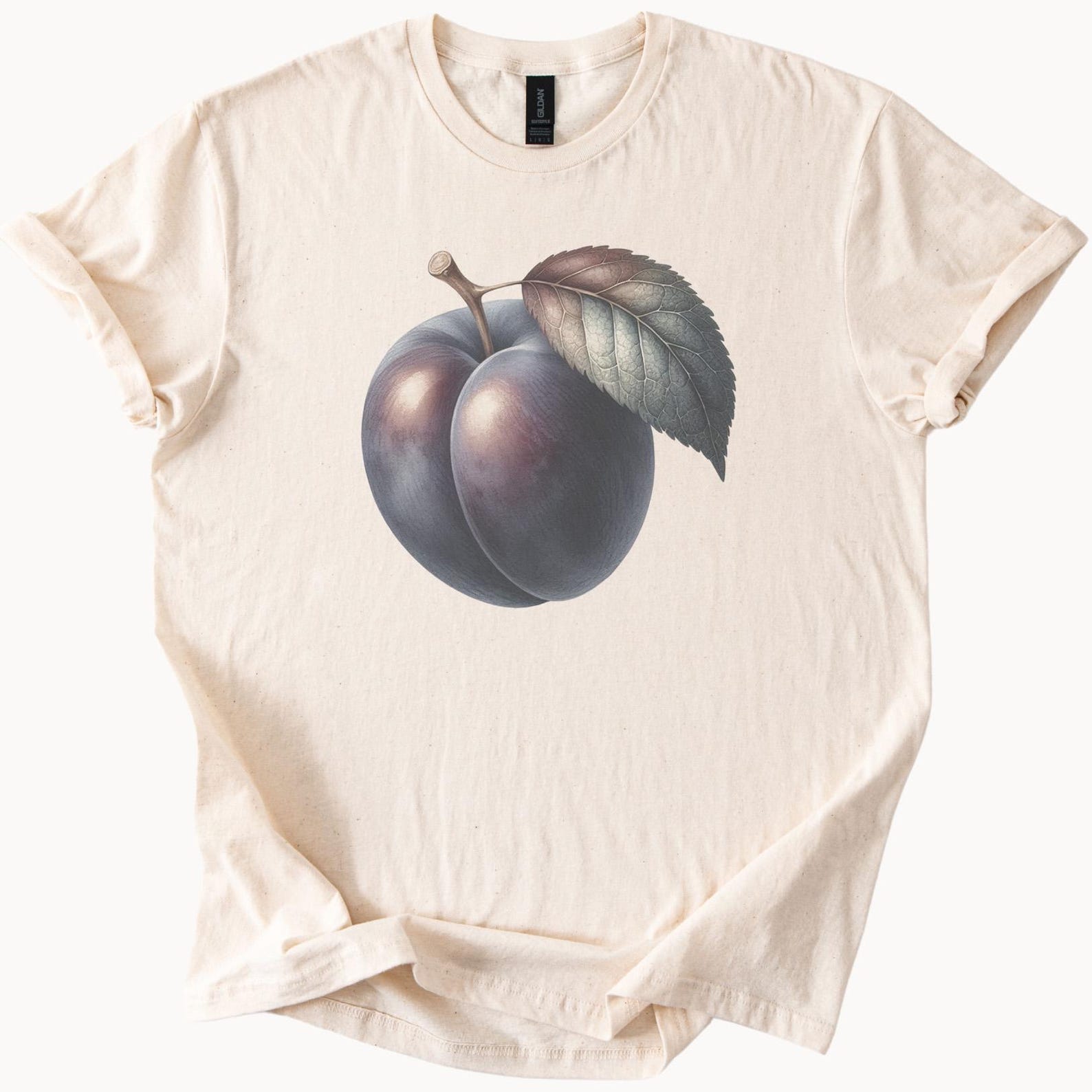 Plum Fruit Graphic T Shirt Botanical Art Plum Illustration Tee Nature Inspired Fruit Shirt Unique Plum Leaf Design Soft Cotton Top 130