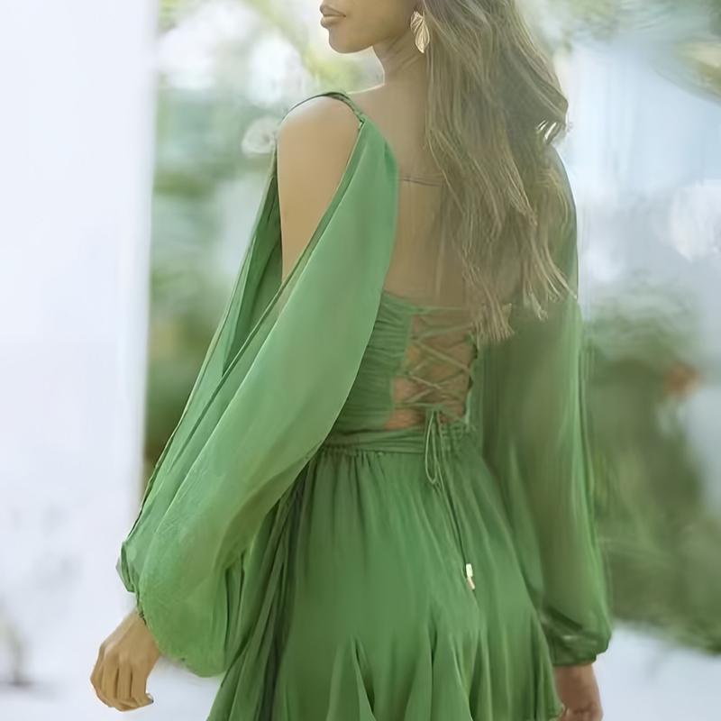 European and American women's hollow V-neck off shoulder lace up lantern sleeve dress