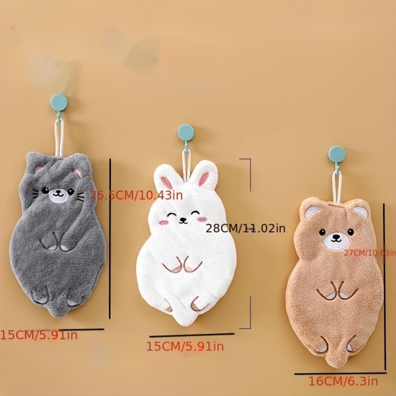 3pcs Ultra-Soft Coral Fleece Cartoon Hand Towels Quick-Dry Highly Absorbent Thickened Hanging Kitchen Towels Cute Bear Designs