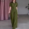 Women Casual Turn Down Collar Short Sleeve Wide Leg Long Jumpsuits