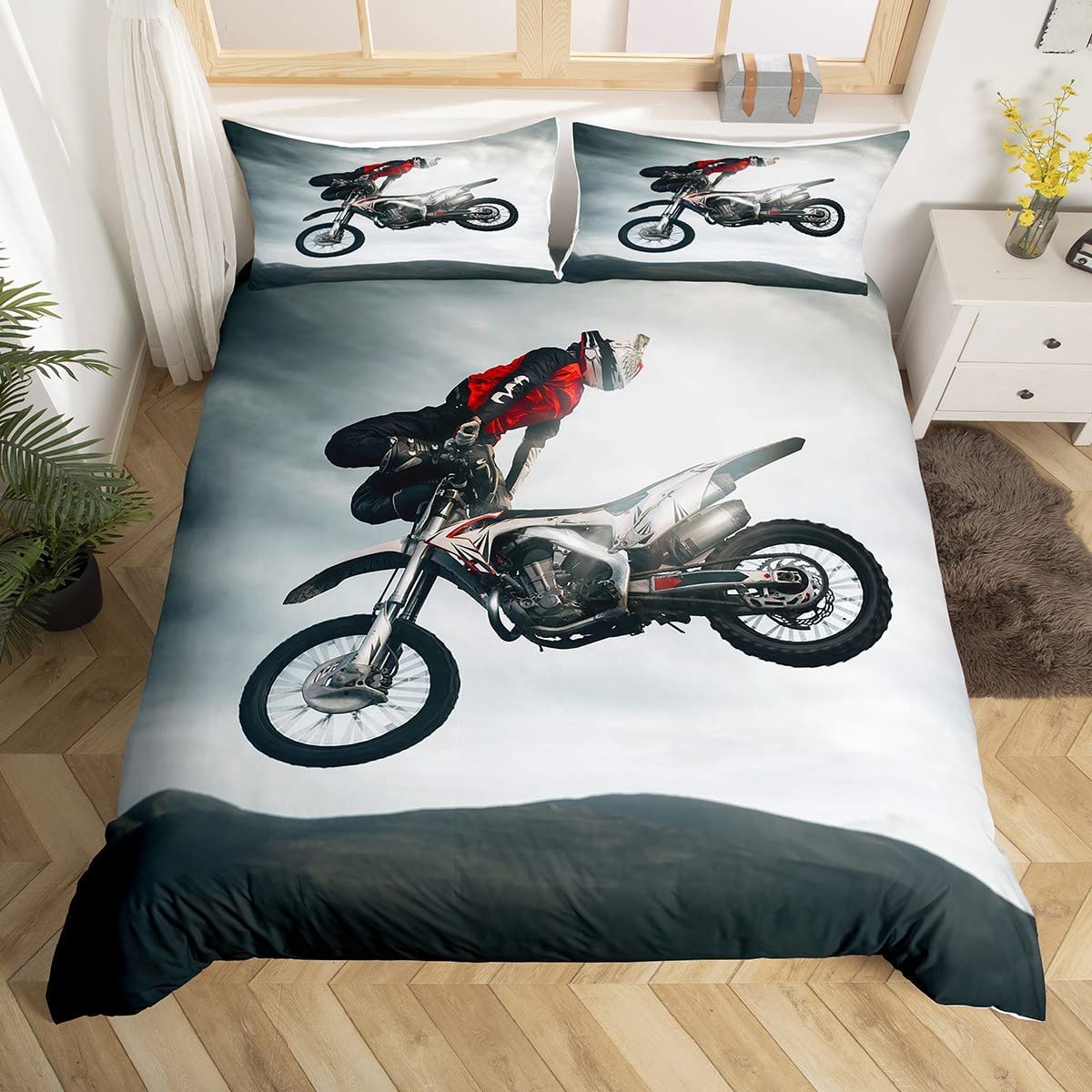 

Comforter Dirt Bike Extreme Sports Bedding Set Motocross Rider Comforter Cool Motorbike Queen Size Comforter (quilt)-EU Single(135*200cm)3pcs