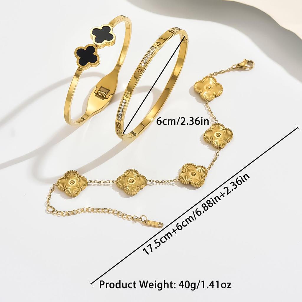 18K Gold Titanium Steel Four-Leaf Clover Waterproof Bracelet Bangle - High-End, Non-Fading Electroplated Jewelry