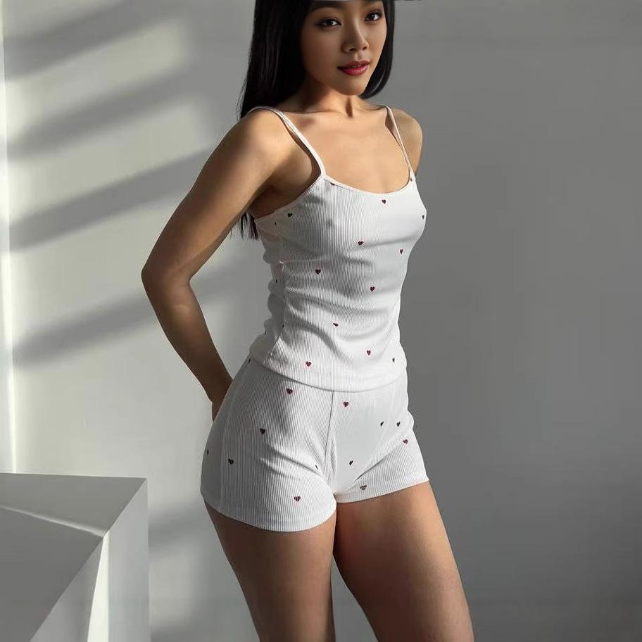 Damen-Strick-Pyjama-Set mit Herzmuster - Weste und elastische Shorts 2025