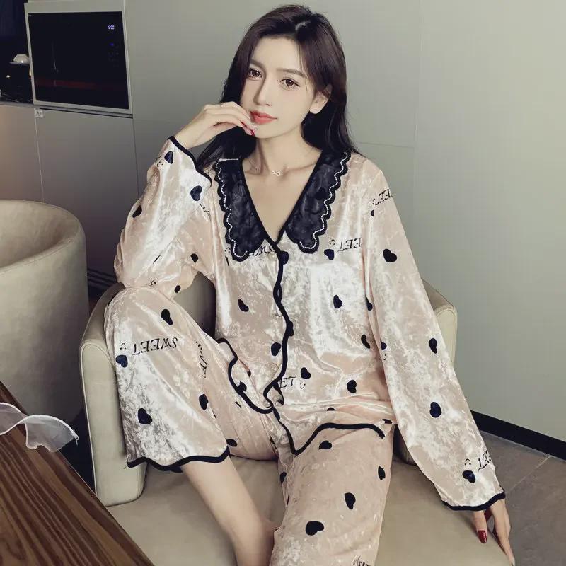 Women's Gold Velvet Pajama Set - Apricot, Long Sleeve, Heart Print