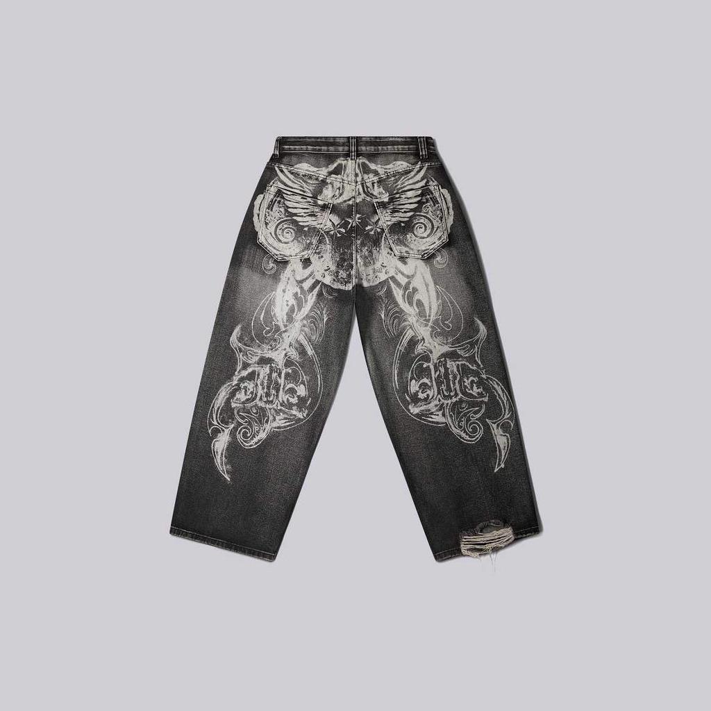 Jeans larghi oversize ricamati Streetwear Donna Y2K Harajuku Hiphop Retro Gotico Vita alta Pantaloni a gamba larga Pantaloni