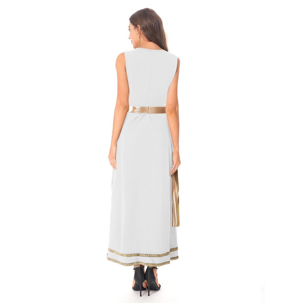 Womens Greek Roman Tunic Dress Square Neck Sleeveless Gold Trim Metallic Shiny Drape Robe Toga Halloween Costume