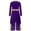 Kids Girls Church Dance Performance Set: Mock Neck Long Sleeve Metallic Patchwork Dress with Asymmetrical Hem & Matching Wide-Leg Pants