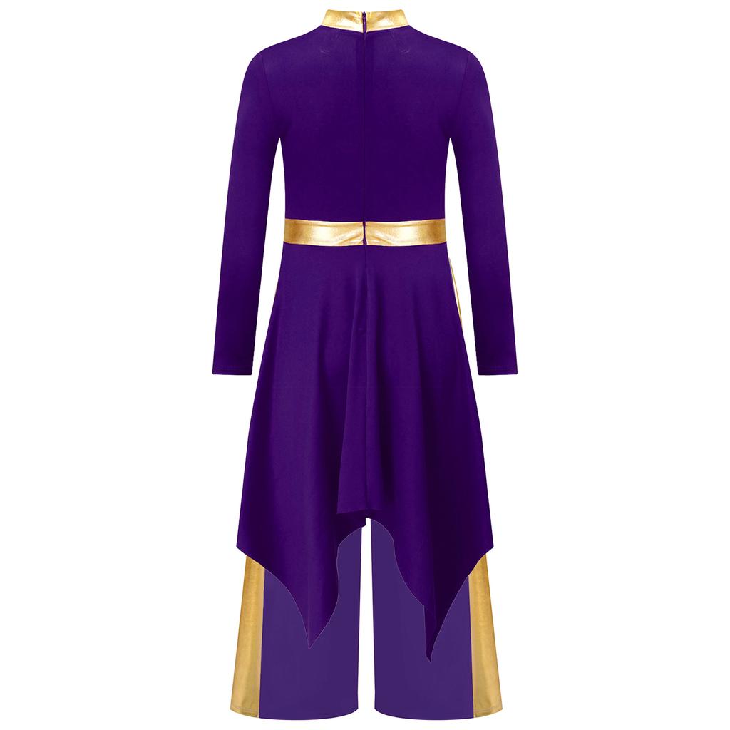 Kids Girls Church Dance Performance Set: Mock Neck Long Sleeve Metallic Patchwork Dress with Asymmetrical Hem & Matching Wide-Leg Pants