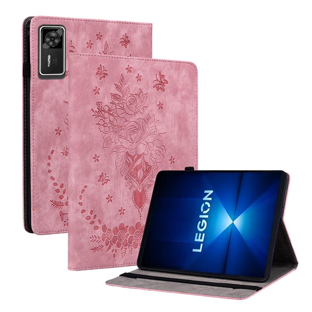 

For Lenovo Legion Y700 Gen 4 Case Card Holder Anti-Scratch Leather Cover Rose Flower Imprint Pink