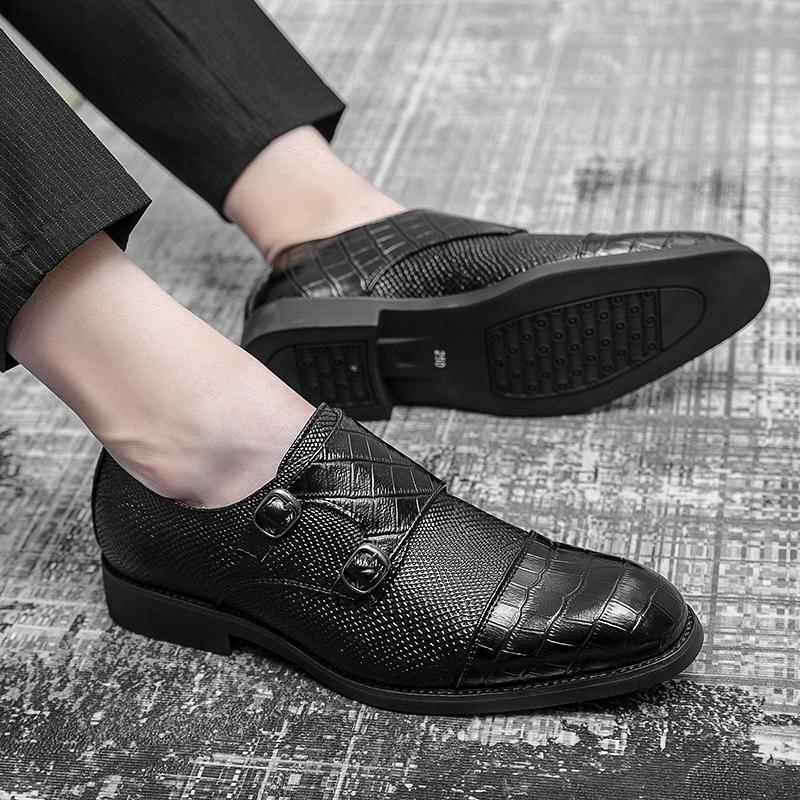 Fashion Mens Dress Shoes PU Leather Double Buckle Monk Strap Men Shoes Snake Print Cap Toe Classic Italian Shoes Zapatos Hombre Size 48