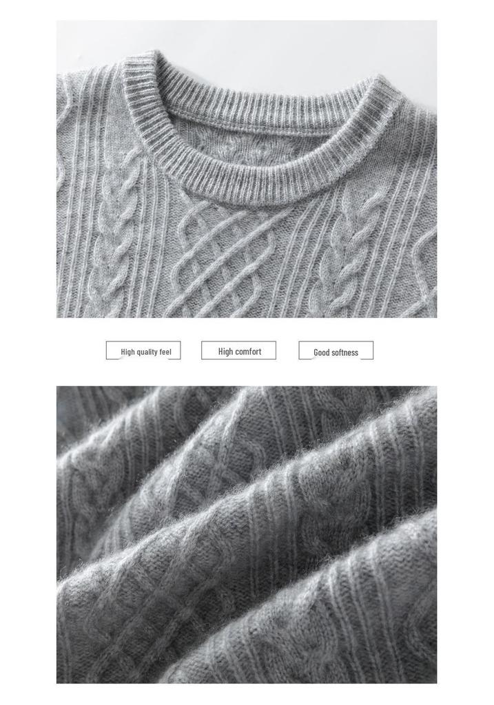 Men's Loose Round Neck Cable Knit Cashmere Sweater - Business Casual Jacquard Knitwear