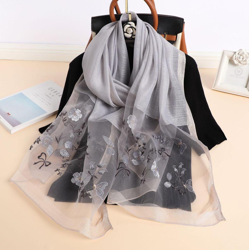 Autumn And Winter Simulated Silk Sunscreen Embroidery Long Silk Scarf Temperament Versatile Shawl Warm Embroidery Scarf Women