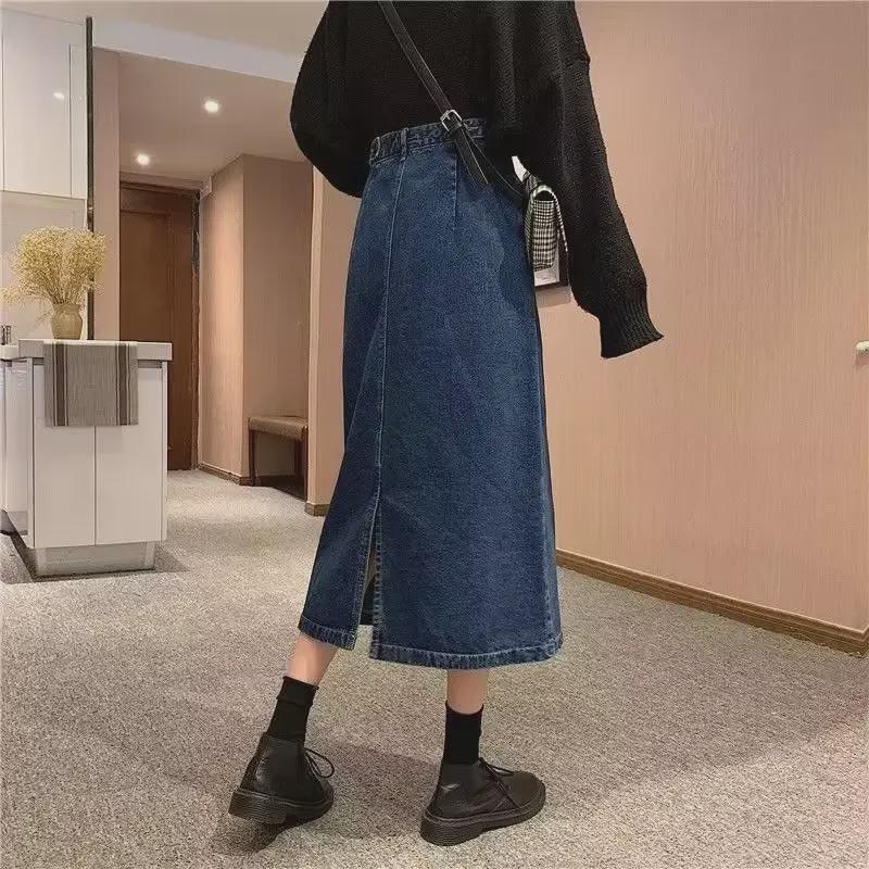 2023 New Women's High Waist A-Line Denim Skirt - Mid-Length, Retro Korean Winter Style