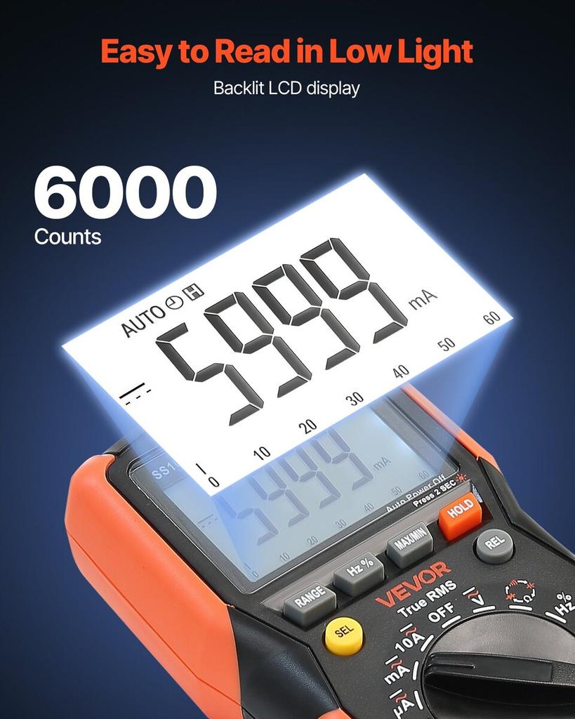 Digital Multimeter, 6000-Count TRMS DC/AC Voltmeter Current Tester, Auto-Ranging Multimeter for Current Voltage Resistance Capacitance Temperature