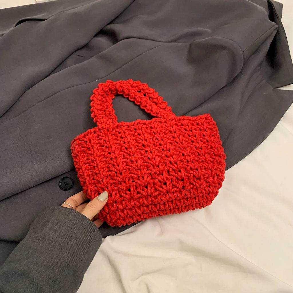 Knitting Basket Bag Women Handbag  Summer Beach Bag Boho Polyester Rope Handmade Woven Bag Female Designer Hand Bag