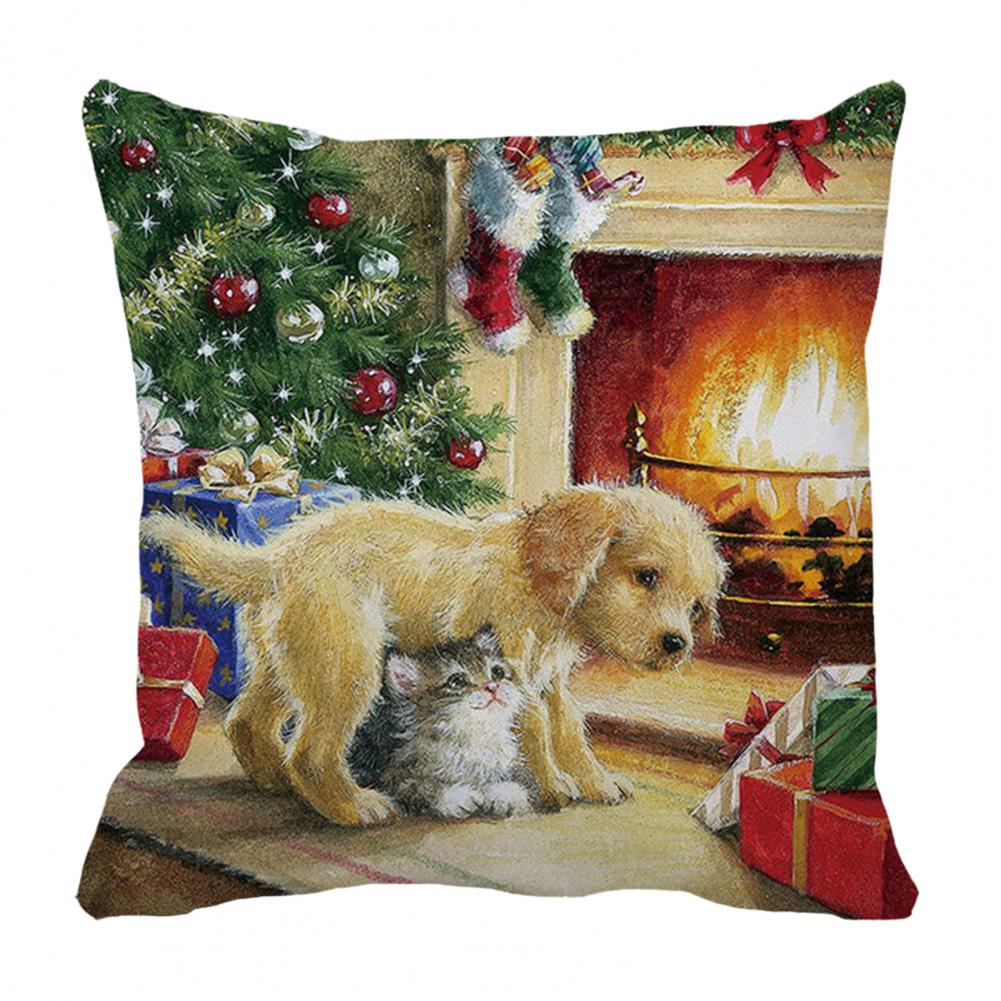 Christmas Gift Decoration Cute Cat Dog Print Cushion Cover Home Living Room Sofa Decoration Square Throw Pillow Cover