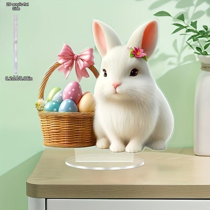 2D Flat Acrylic Cute Rabbit Holding Flower Basket Decoration, Indoor and Outdoor Decoration - No Battery/electricity Required, Free Day Decoration, S