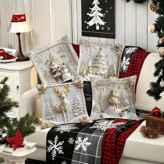 4Pcs Throw Pillowcase Snowflake Snowman Xmas Tree Pattern Invisible Zipper Design Pillow