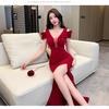 Temperament work clothes, sexy deep V-neck low-cut long evening dress, slim-fitting split-ended hip-wrapped dress for women