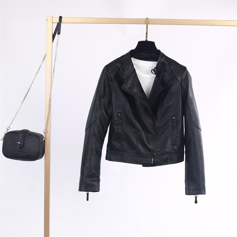 Womens Stand Collar Slim Fit PU Leather Moto Jacket Short Casual Coat
