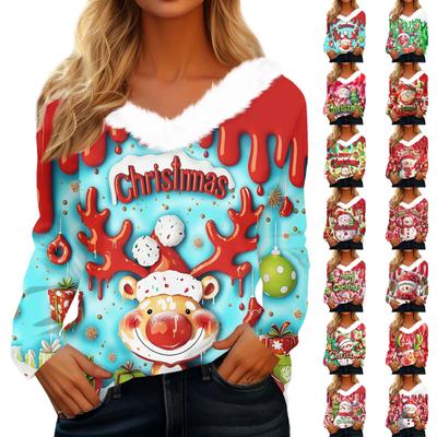 Women's Christmas Printed Long Sleeved Party Plush Neck V-neck Top