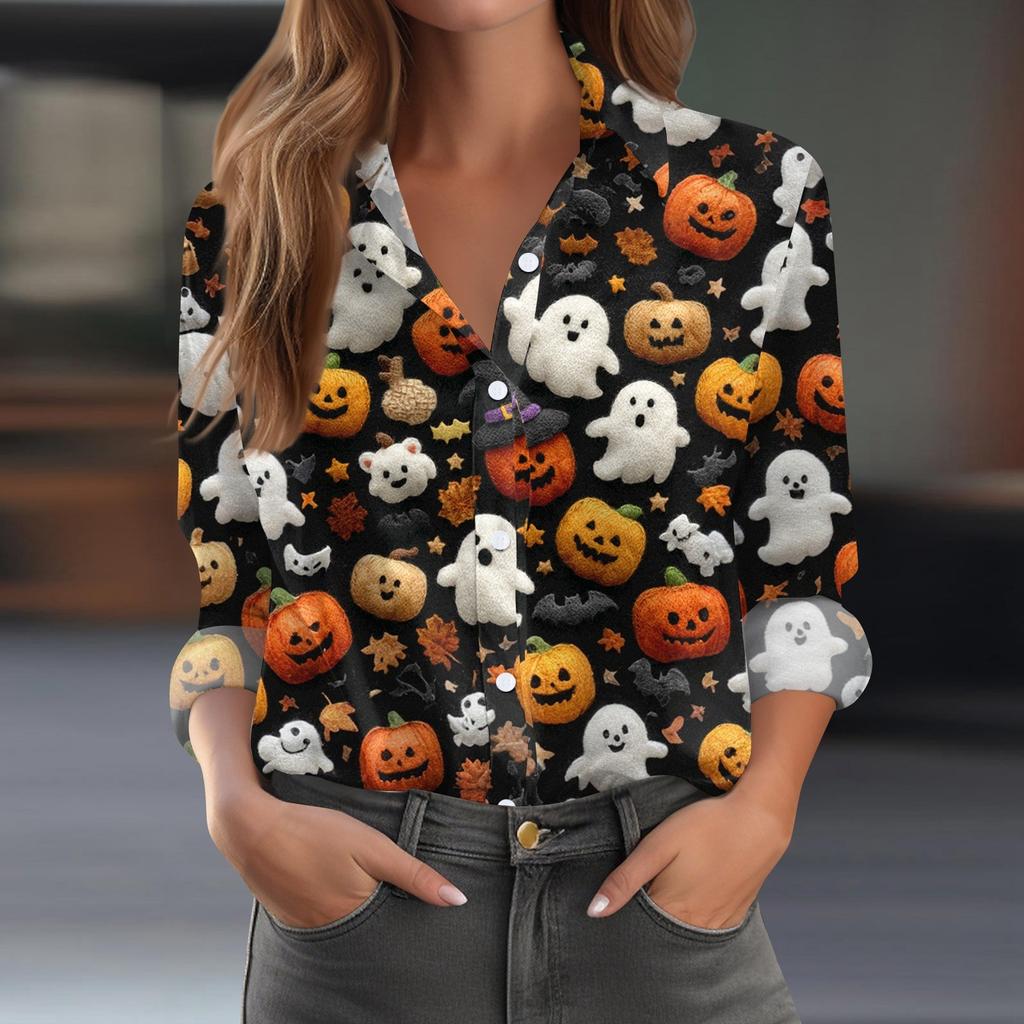Damen Hemd Bluse Halloween Print Knopf Langarm Lässig Basic Hemdkragen Regulär Top