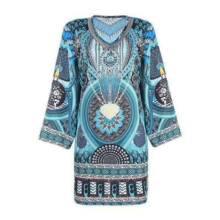 Retro Ethno-Print Sommerkleid Damen Langarm V-Ausschnitt Weich Atmungsaktiv Locker Knielang Lässig Täglich Midi-Kleid