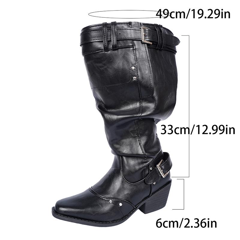 Fashion Fashion Wide Leg Cowboy Boots for Women 2025 Autumn PU leather Knee High Boots Woman Buckle Strap Chunky Heel Riding Botas Mujer