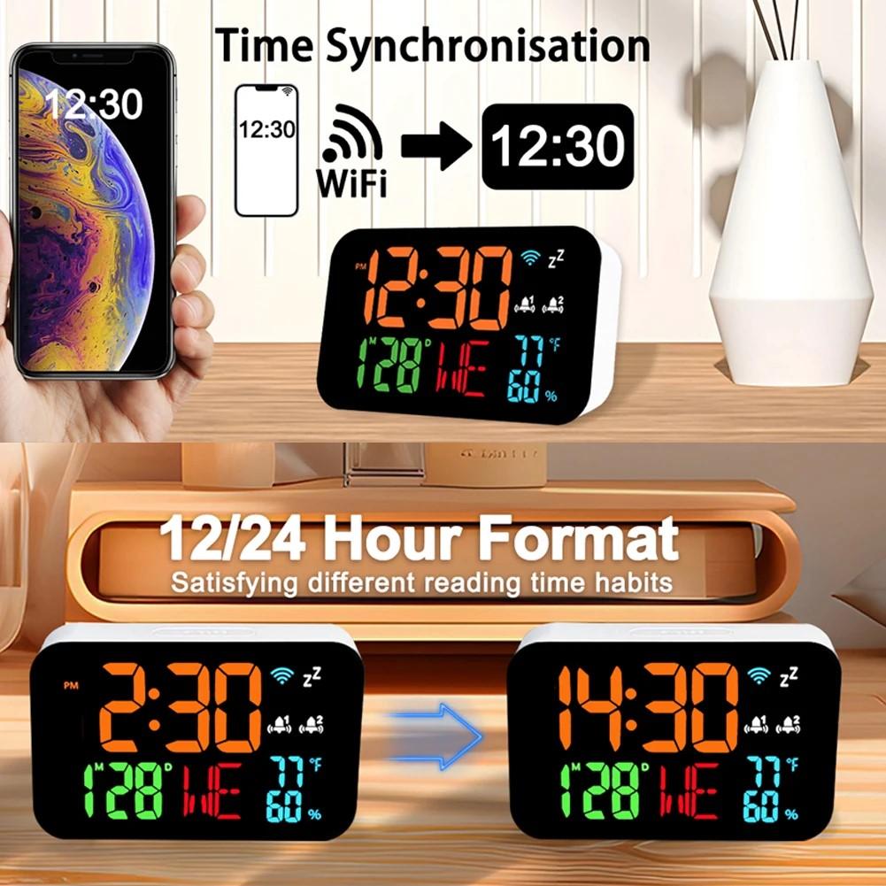 WiFi-Desktop-Uhr, Feuchtigkeitskalender, intelligentes Thermometer und digitale LED-Anzeige, unterstützt WiFi-Wecker mit automatischer Kalibrierung