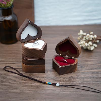 Heart Walnut Wood Ring Box Proposal Engagement Ring Holder Jewelry Storage Boxes No Ring