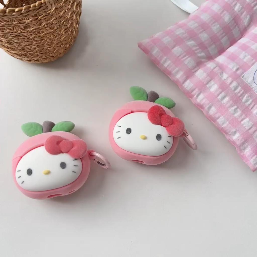 Cute 3D Cartoon Flocked Peach Hello Kitty Earphone Case For Airpods Pro3 Pro2 Pro Airpods 1 2 3 4 Silicone Headphone Cover