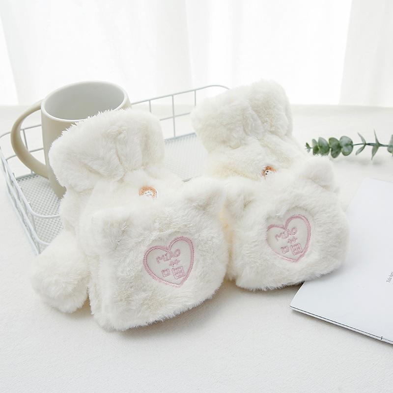 

Cycling Warm Half Finger Flip Gloves Female Winter Student Korean Version Cute Plush Thick Wool Writing Gloves