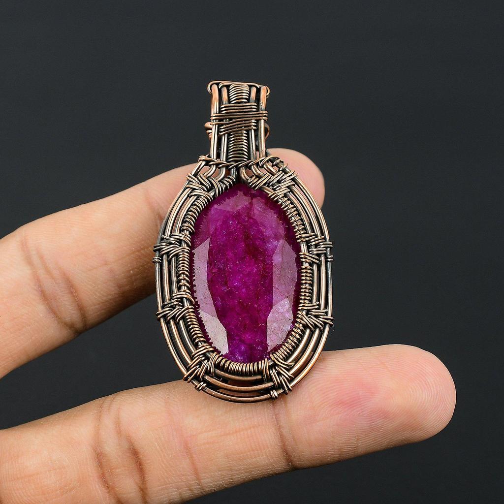Ruby Pendant Gemstone Jewelry, 999 Copper Wire Wrapped Handmade Pendant, Latest Design Jewelry
