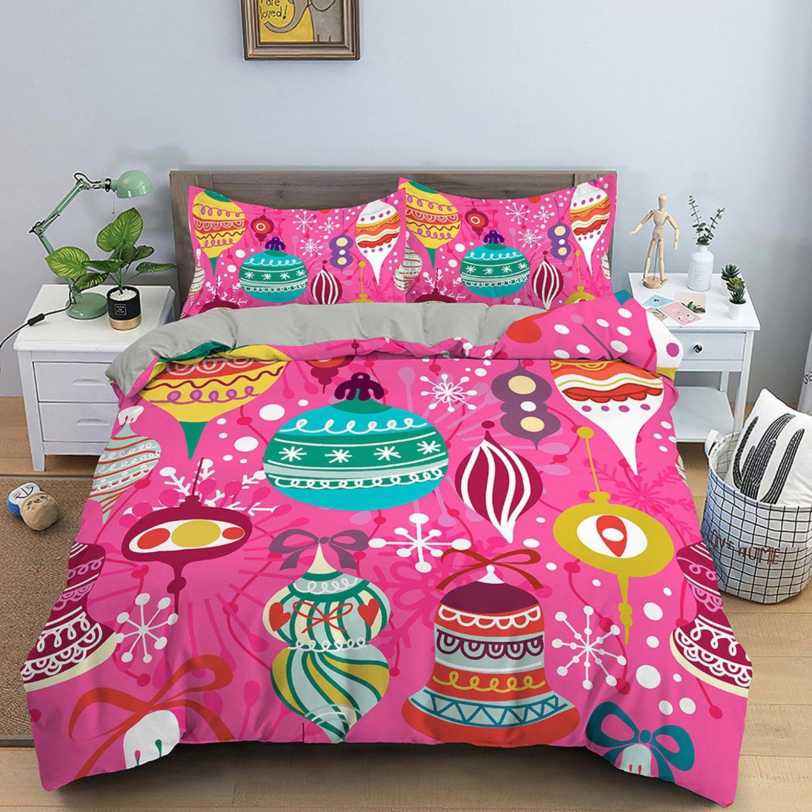Whimsical Christmas baubles pink duvet cover set, Christmas full size bedding & pillowcase, college bedding, toddler bedding, holiday gift 135x200cm