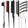 10-teiliges Haar-Styling-Kamm-Set, Toupier-Haarbürste, Dreifach-Toupierkamm, Rattenschwanzkämme, Kantenbürste, Haarschwanz-Tools, Zopfwerkzeug, Schleife