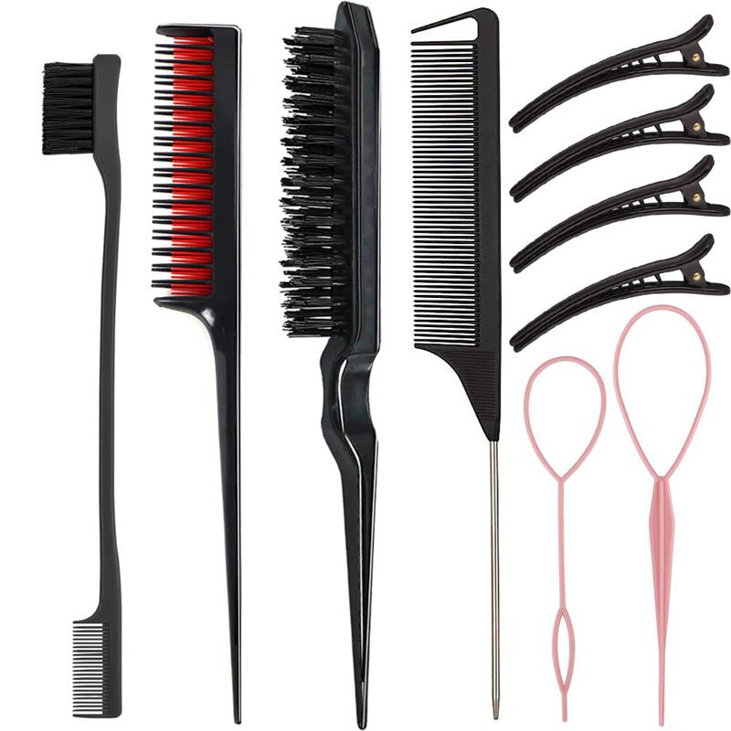 10-teiliges Haar-Styling-Kamm-Set, Toupier-Haarbürste, Dreifach-Toupierkamm, Rattenschwanzkämme, Kantenbürste, Haarschwanz-Tools, Zopfwerkzeug, Schleife