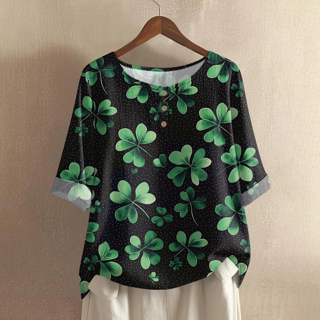 Women's Fashionable And Casual Shirt 3/4 Sleeve Round Neck Print Blouse Top