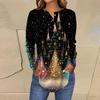 Women's Fashionable Loose-Fit Button-Down Collar Christmas Print Long-Sleeved Top